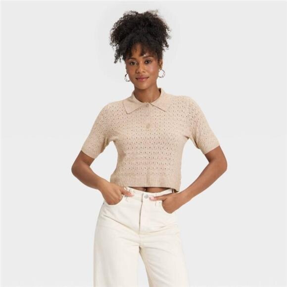 Women's Short Sleeve Collared Neck Pullover Sweater -PLUS SIZES AVAIL - Picture 1 of 3